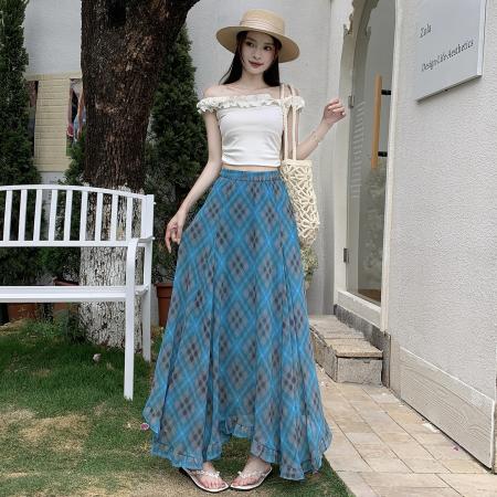 BY15568# 复古格纹不规则半身裙女夏季薄款高腰遮胯百搭大摆A字中长裙 服裝批發女裝批發服飾貨源