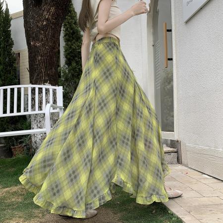 BY15568# 复古格纹不规则半身裙女夏季薄款高腰遮胯百搭大摆A字中长裙 服裝批發女裝批發服飾貨源