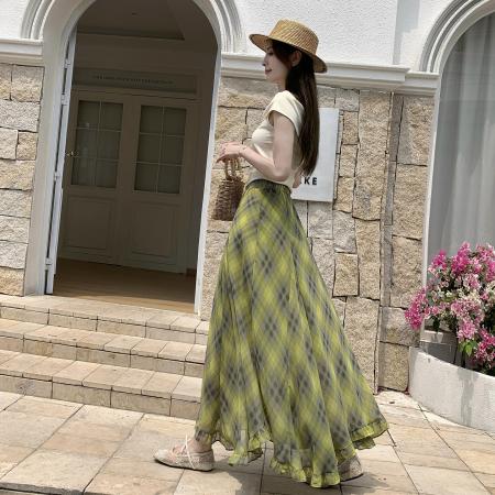 BY15568# 复古格纹不规则半身裙女夏季薄款高腰遮胯百搭大摆A字中长裙 服裝批發女裝批發服飾貨源