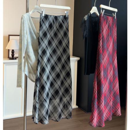 BY15569# 复古格纹半身裙女夏季新款时尚气质薄款高腰显瘦a字鱼尾裙子 服裝批發女裝批發服飾貨源