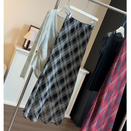 BY15569# 复古格纹半身裙女夏季新款时尚气质薄款高腰显瘦a字鱼尾裙子 服裝批發女裝批發服飾貨源