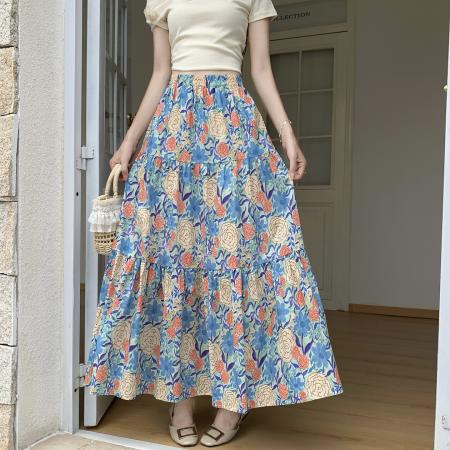 BY15571# 油画风花朵印花半身裙女夏高腰减龄松紧腰拼接蛋糕裙A字伞裙 服裝批發女裝批發服飾貨源