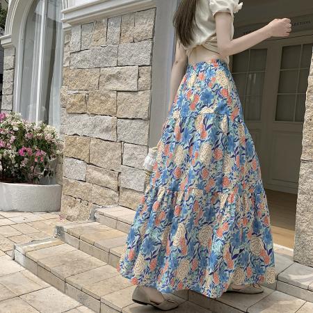 BY15571# 油画风花朵印花半身裙女夏高腰减龄松紧腰拼接蛋糕裙A字伞裙 服裝批發女裝批發服飾貨源