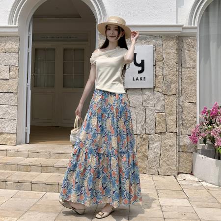 BY15571# 油画风花朵印花半身裙女夏高腰减龄松紧腰拼接蛋糕裙A字伞裙 服裝批發女裝批發服飾貨源