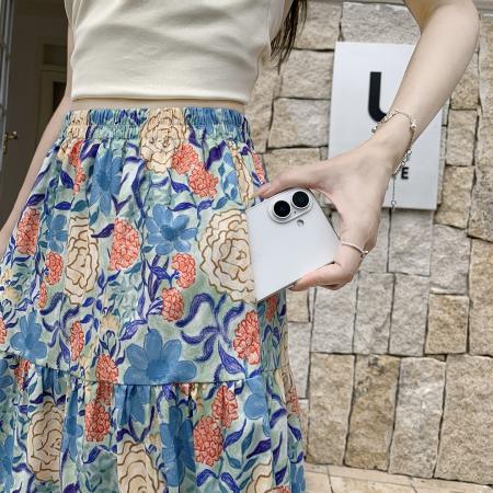 BY15571# 油画风花朵印花半身裙女夏高腰减龄松紧腰拼接蛋糕裙A字伞裙 服裝批發女裝批發服飾貨源