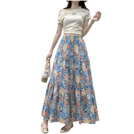 BY15571# 油画风花朵印花半身裙女夏高腰减龄松紧腰拼接蛋糕裙A字伞裙 服裝批發女裝批發服飾貨源