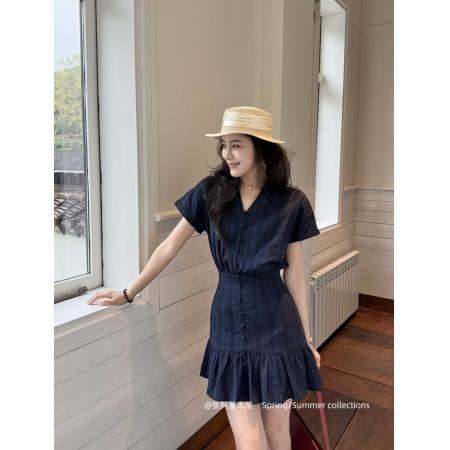 BY15573# 张阿星蓝调笔记藏青色miu系立体提花少女感减龄法式收腰连衣 服裝批發女裝批發服飾貨源