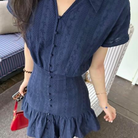 BY15573# 张阿星蓝调笔记藏青色miu系立体提花少女感减龄法式收腰连衣 服裝批發女裝批發服飾貨源