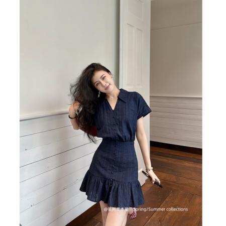 BY15573# 张阿星蓝调笔记藏青色miu系立体提花少女感减龄法式收腰连衣 服裝批發女裝批發服飾貨源