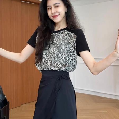 BY15574# 张阿星晚风清梦法式复古钩花撞色T➕显瘦裙裤 服裝批發女裝批發服飾貨源