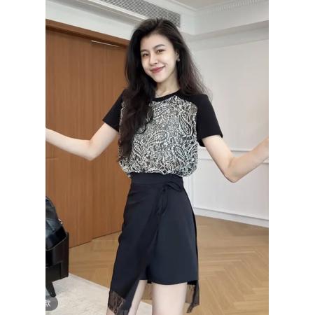 BY15574# 张阿星晚风清梦法式复古钩花撞色T➕显瘦裙裤 服裝批發女裝批發服飾貨源
