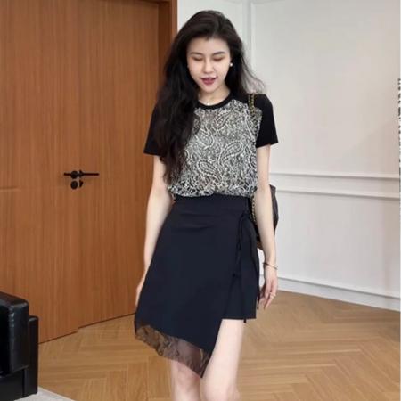 BY15574# 张阿星晚风清梦法式复古钩花撞色T➕显瘦裙裤 服裝批發女裝批發服飾貨源