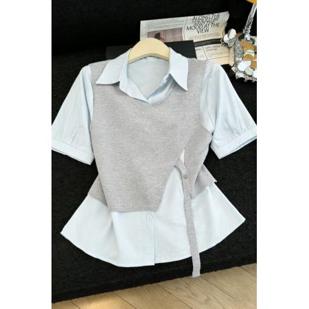 BY15575# 学院风休闲减龄针织拼接假两件衬衫女宽松设计感短袖百搭上衣 服裝批發女裝批發服飾貨源