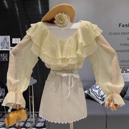 BY15576# 法式气质V领别致荷叶边蕾丝立体花朵女春夏新款减龄小衫ins 服裝批發女裝批發服飾貨源