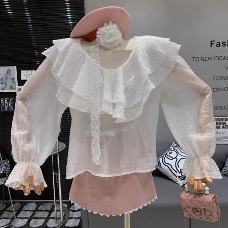 BY15576# 法式气质V领别致荷叶边蕾丝立体花朵女春夏新款减龄小衫ins 服裝批發女裝批發服飾貨源