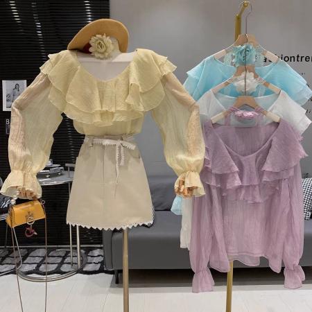 BY15576# 法式气质V领别致荷叶边蕾丝立体花朵女春夏新款减龄小衫ins 服裝批發女裝批發服飾貨源