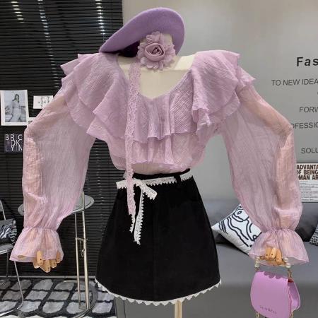 BY15576# 法式气质V领别致荷叶边蕾丝立体花朵女春夏新款减龄小衫ins 服裝批發女裝批發服飾貨源