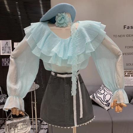 BY15576# 法式气质V领别致荷叶边蕾丝立体花朵女春夏新款减龄小衫ins 服裝批發女裝批發服飾貨源