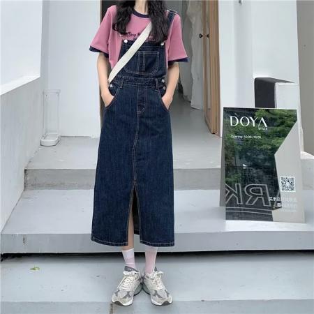 BY15577# S-5XL牛仔背带裙女春夏韩系中长款洋气减龄宽松学生ins复古 服裝批發女裝批發服飾貨源