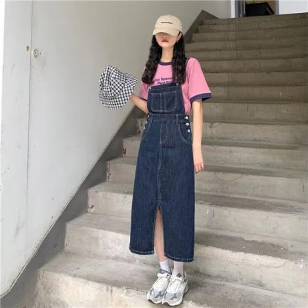 BY15577# S-5XL牛仔背带裙女春夏韩系中长款洋气减龄宽松学生ins复古 服裝批發女裝批發服飾貨源