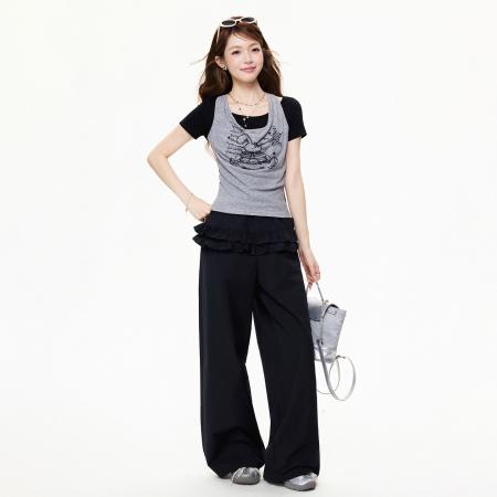 BY15578# 假两件荡领短袖T恤兔兔印花女独特漂亮巨好看挂脖上衣夏 服裝批發女裝批發服飾貨源