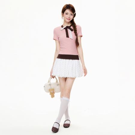 BY15580# 粉色圆领撞色短袖T恤女夏季绑带设计肌理感修身上衣 服裝批發女裝批發服飾貨源