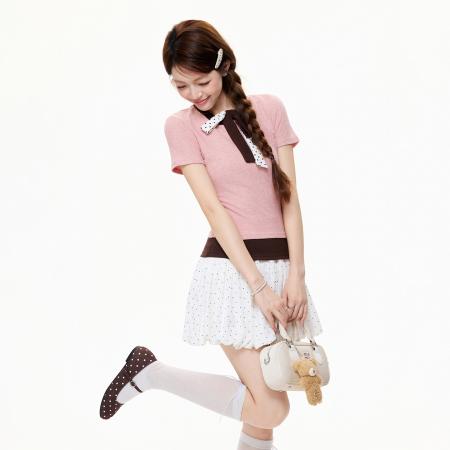 BY15580# 粉色圆领撞色短袖T恤女夏季绑带设计肌理感修身上衣 服裝批發女裝批發服飾貨源