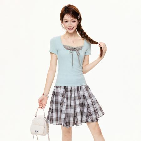 BY15581# 假两件蝴蝶结绑带短袖t恤女夏季设计感拼接修身上衣 服裝批發女裝批發服飾貨源