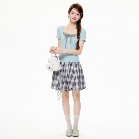 BY15581# 假两件蝴蝶结绑带短袖t恤女夏季设计感拼接修身上衣 服裝批發女裝批發服飾貨源