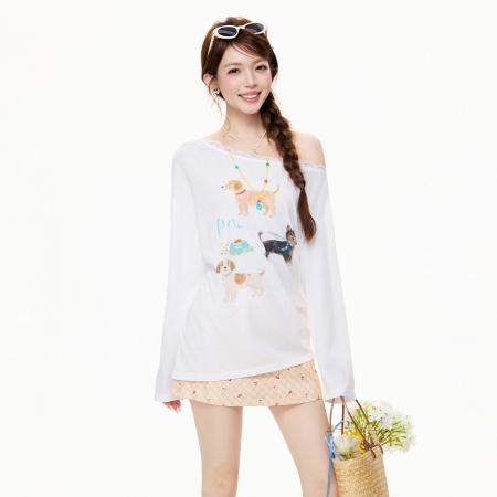 BY15583# 斜露肩辣妹薄款防晒罩衫长袖T恤女夏季蕾丝印花宽松上衣 服裝批發女裝批發服飾貨源