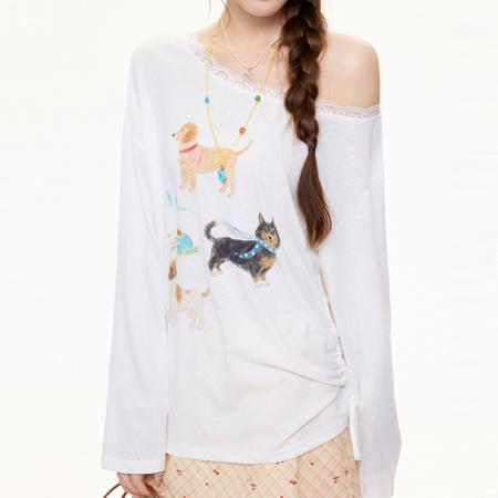 BY15583# 斜露肩辣妹薄款防晒罩衫长袖T恤女夏季蕾丝印花宽松上衣 服裝批發女裝批發服飾貨源