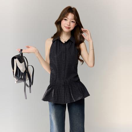 BY15584# 学院风Polo领格纹荷叶边下摆背心女夏季无袖叠穿显瘦上衣 服裝批發女裝批發服飾貨源