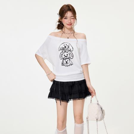 BY15587# 甜辣妹小狗印花短袖T恤女春夏设计感宽松慵懒大圆领上衣 服裝批發女裝批發服飾貨源