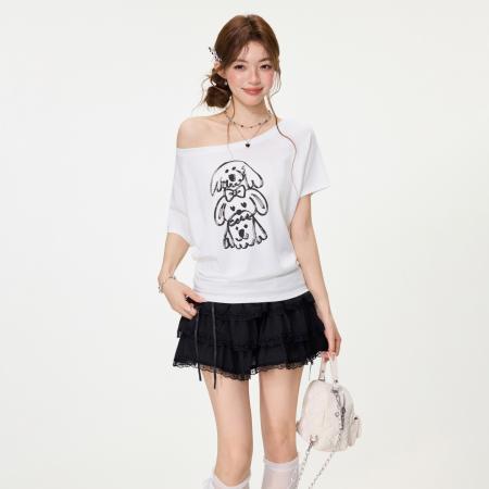 BY15587# 甜辣妹小狗印花短袖T恤女春夏设计感宽松慵懒大圆领上衣 服裝批發女裝批發服飾貨源