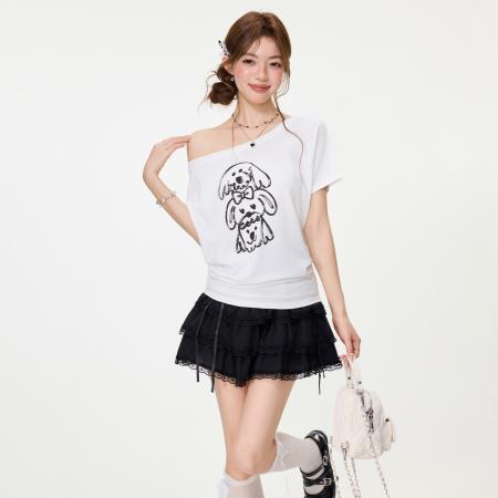 BY15587# 甜辣妹小狗印花短袖T恤女春夏设计感宽松慵懒大圆领上衣 服裝批發女裝批發服飾貨源