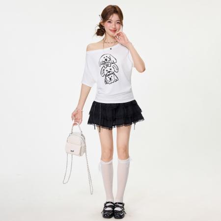 BY15587# 甜辣妹小狗印花短袖T恤女春夏设计感宽松慵懒大圆领上衣 服裝批發女裝批發服飾貨源