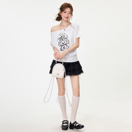 BY15587# 甜辣妹小狗印花短袖T恤女春夏设计感宽松慵懒大圆领上衣 服裝批發女裝批發服飾貨源