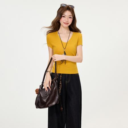 BY15588# 性感辣妹低圆领正肩内搭短袖t恤女夏修身露锁骨上衣 服裝批發女裝批發服飾貨源