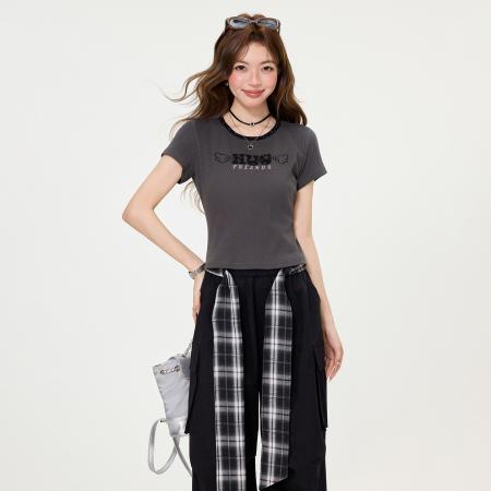 BY15589# 多巴胺圆领字母刺绣正肩短袖T恤夏季修身短款上衣女 服裝批發女裝批發服飾貨源