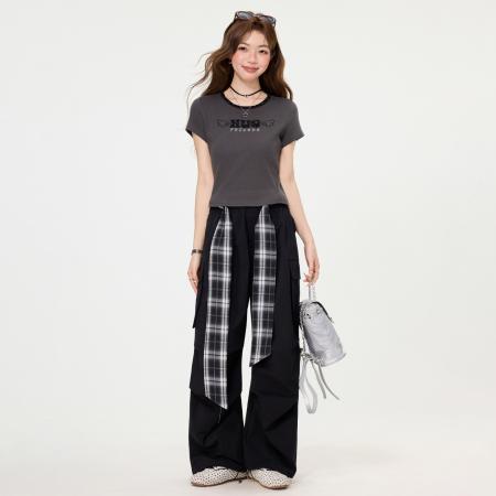 BY15589# 多巴胺圆领字母刺绣正肩短袖T恤夏季修身短款上衣女 服裝批發女裝批發服飾貨源