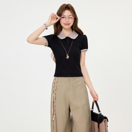 BY15592# 韩版撞色格纹娃娃领短袖T恤女夏j季新款设计感上衣 服裝批發女裝批發服飾貨源