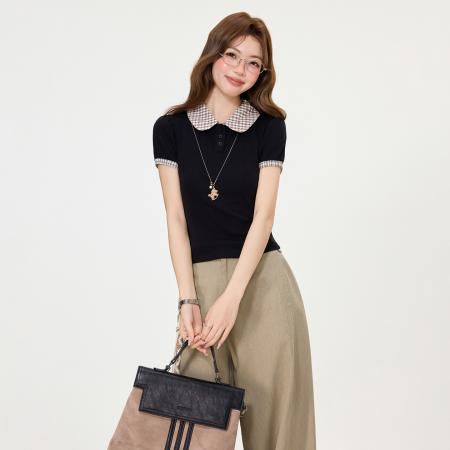 BY15592# 韩版撞色格纹娃娃领短袖T恤女夏j季新款设计感上衣 服裝批發女裝批發服飾貨源