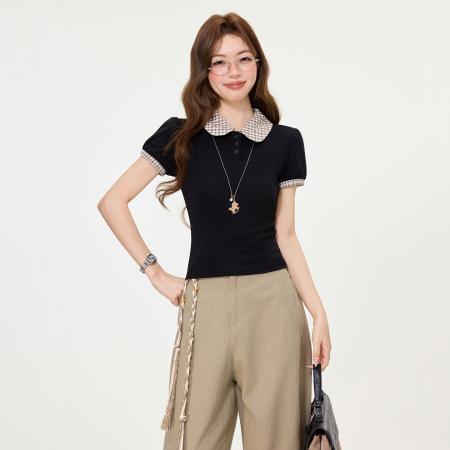 BY15592# 韩版撞色格纹娃娃领短袖T恤女夏j季新款设计感上衣 服裝批發女裝批發服飾貨源