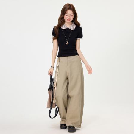 BY15592# 韩版撞色格纹娃娃领短袖T恤女夏j季新款设计感上衣 服裝批發女裝批發服飾貨源