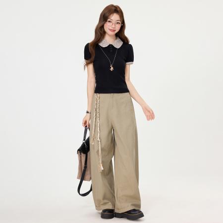 BY15592# 韩版撞色格纹娃娃领短袖T恤女夏j季新款设计感上衣 服裝批發女裝批發服飾貨源