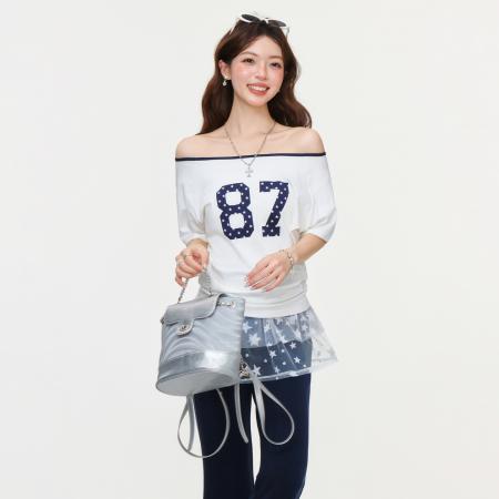 BY15593# 美式甜辣数字印花斜领露肩短袖T恤女夏慵懒宽松上衣 服裝批發女裝批發服飾貨源