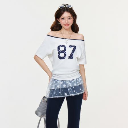 BY15593# 美式甜辣数字印花斜领露肩短袖T恤女夏慵懒宽松上衣 服裝批發女裝批發服飾貨源