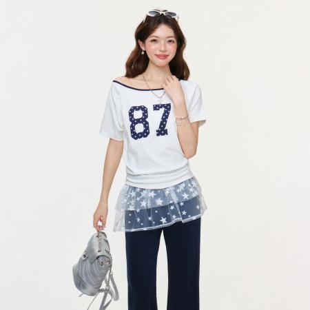 BY15593# 美式甜辣数字印花斜领露肩短袖T恤女夏慵懒宽松上衣 服裝批發女裝批發服飾貨源