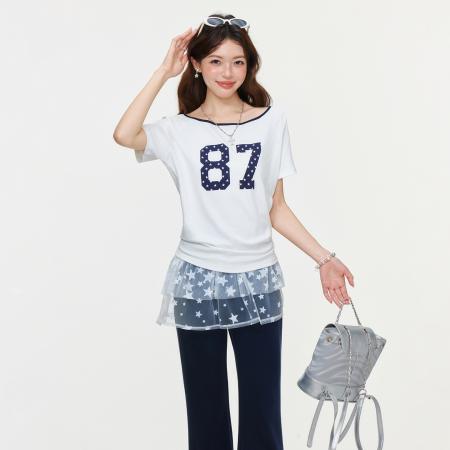 BY15593# 美式甜辣数字印花斜领露肩短袖T恤女夏慵懒宽松上衣 服裝批發女裝批發服飾貨源