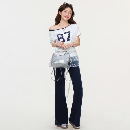 BY15593# 美式甜辣数字印花斜领露肩短袖T恤女夏慵懒宽松上衣 服裝批發女裝批發服飾貨源